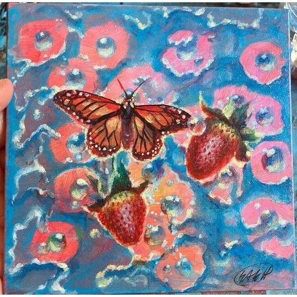 Artettina Other - Original Painting Butterfly strawberries ooak Art surrealism artwork Artettina